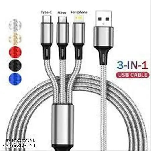 3-in-1 Fast Charging Cable – USB to Type-C, Micro USB & iPhone (Assorted Colors)