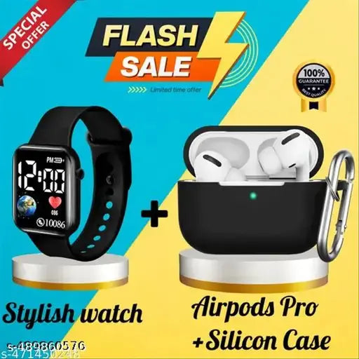 TWS Bluetooth 5.3 Earbuds with Free Case & Stylish Watch – Premium Sound, Long Battery, Touch Control (Black)